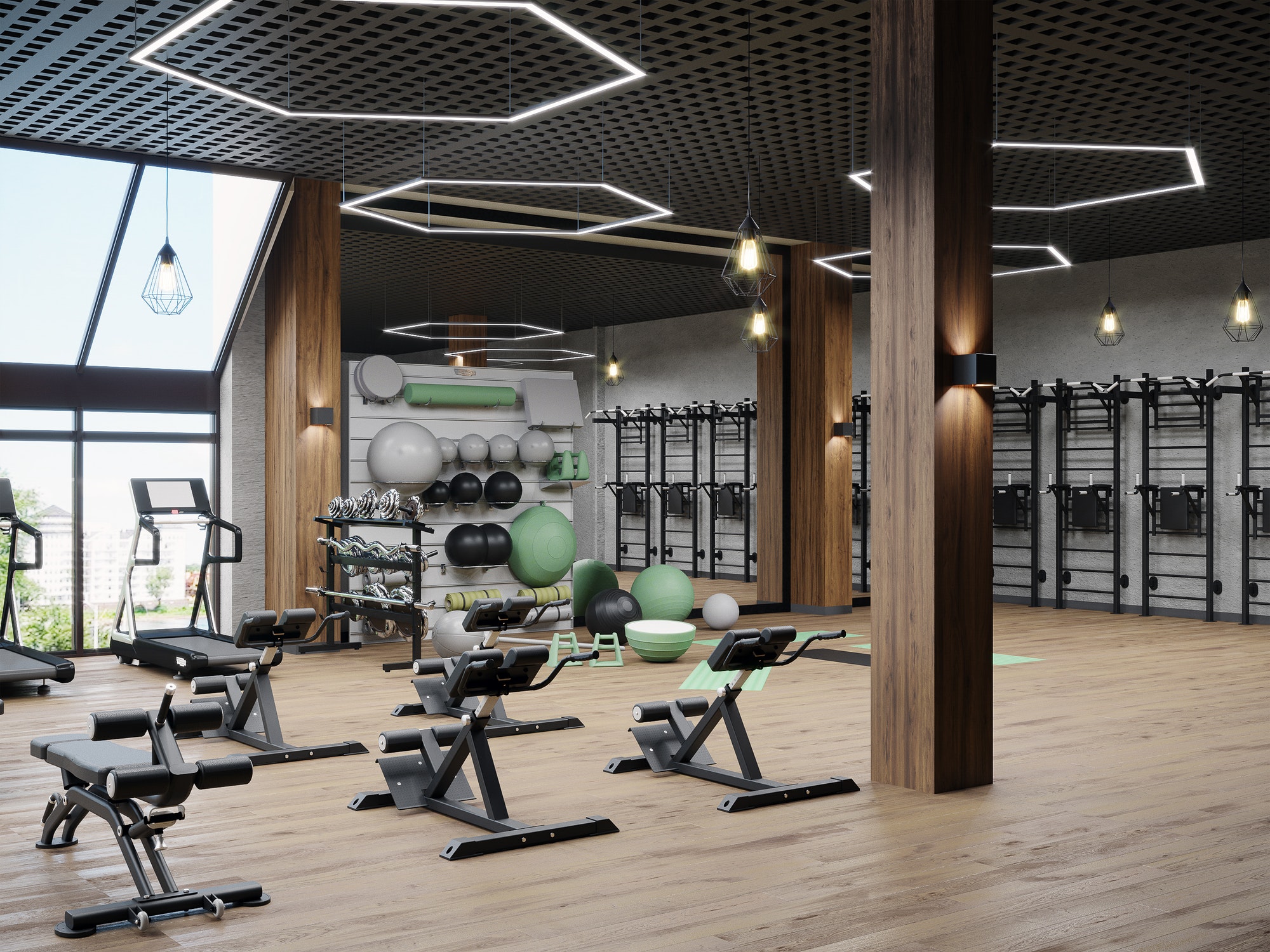 Modern gym interior with sport and fitness equipment