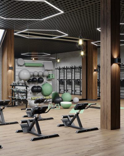 Modern gym interior with sport and fitness equipment