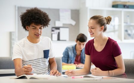 Teen students studying together at school